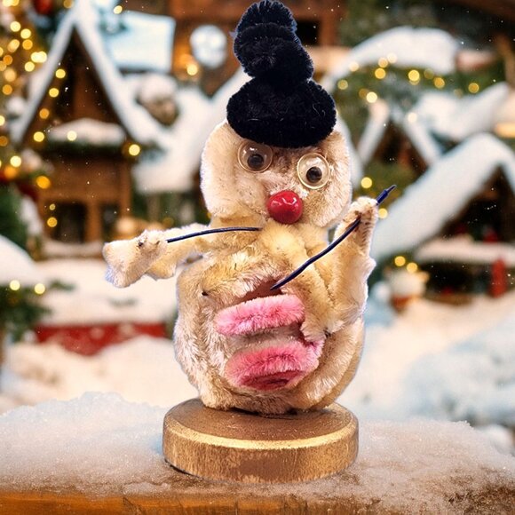 Vintage 1950s Chenille Snowman Ornament Red Nose Hat Scarf Drum Putz Japan v2 - Picture 1 of 10